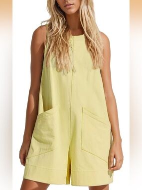 Summer Casual Sleeveless Romper Loose Crewneck Keyhole Jumpsuit Wide Leg Sz S